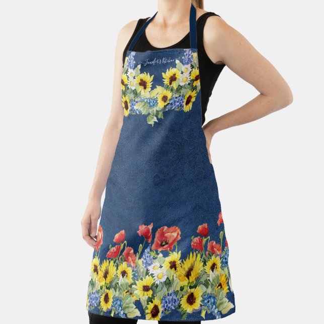Yellow Sunflower Watercolor Red Poppy Navy Blue Apron (Insitu)