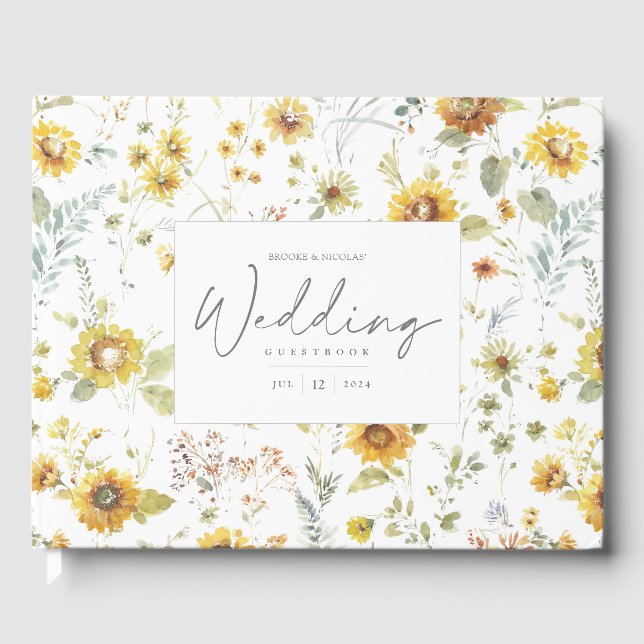 Yellow Sunflower Watercolor Wedding Guest Book (Front)