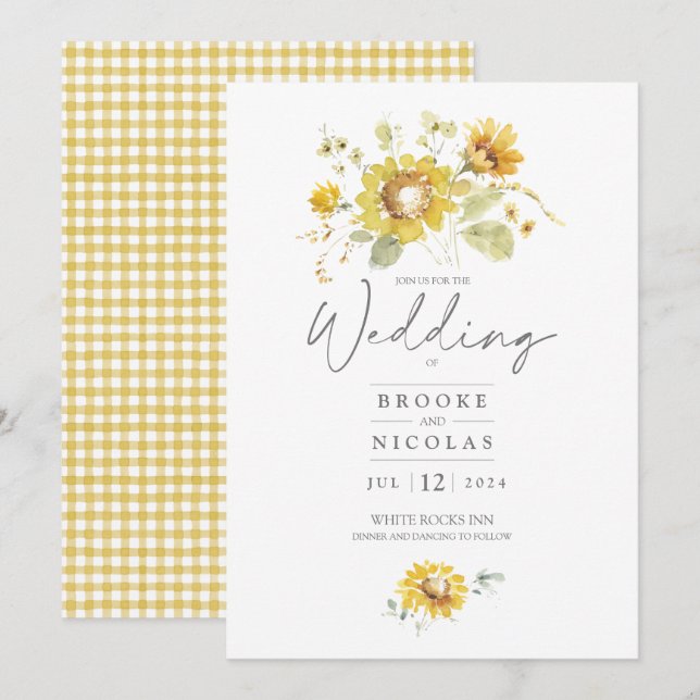 Yellow Sunflower Watercolor Wedding Invitation (Front/Back)