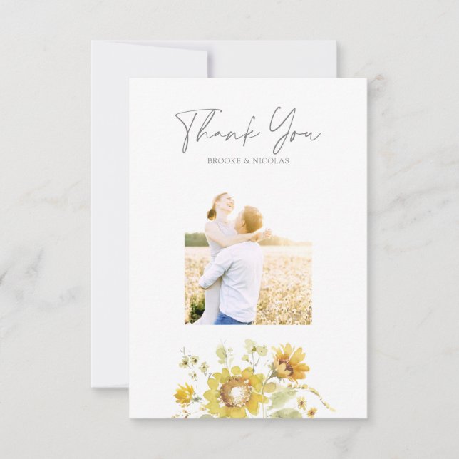Yellow Sunflower Watercolor Wedding Photo Thank You Card (Front)