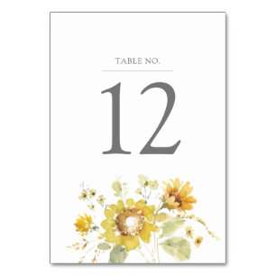 Yellow Sunflower Watercolor Wedding Table Number