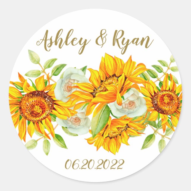 Yellow Sunflower Wedding  Classic Round Sticker (Front)