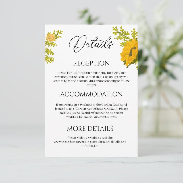 Yellow Sunflower Wedding Details Enclosure Card (Standing Front)