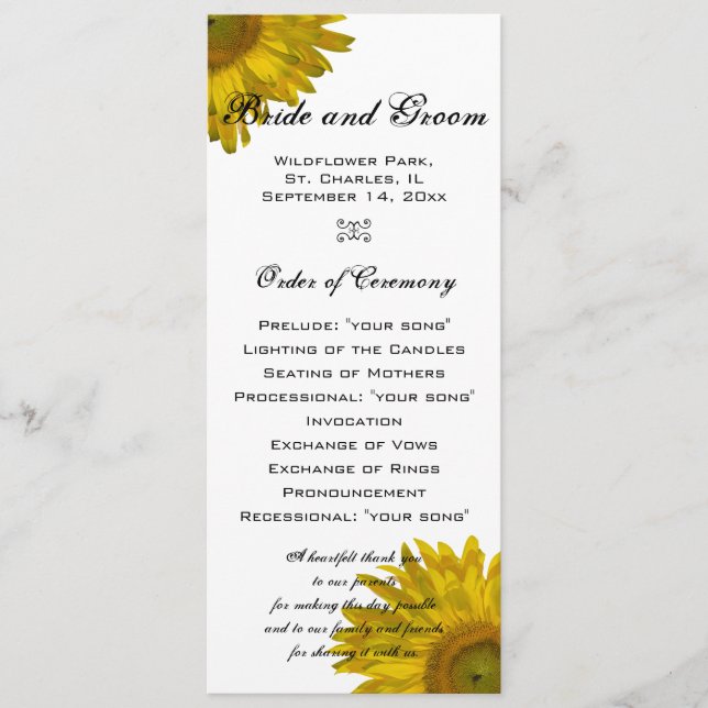 Yellow Sunflower Wedding Programme (Front)