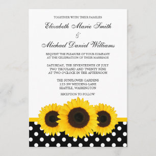 Yellow Sunflower White and Black Polka Dot Wedding Invitation
