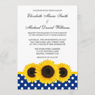 Yellow Sunflower White and Blue Polka Dot Wedding Invitation