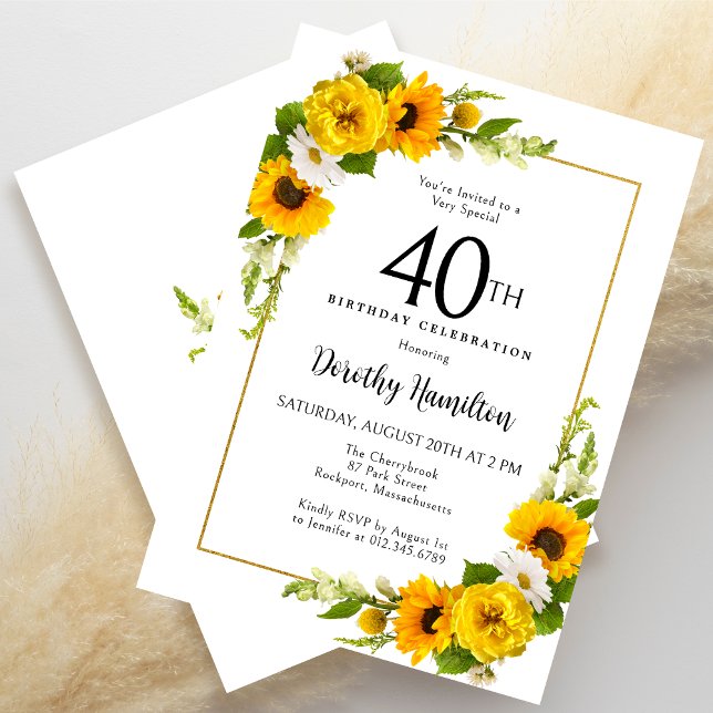 Yellow Sunflower White Daisy Floral 40th Birthday Invitation (Creator Uploaded)