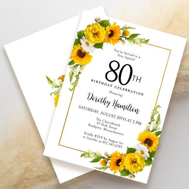 Yellow Sunflower White Daisy Floral 80th Birthday Invitation (Creator Uploaded)