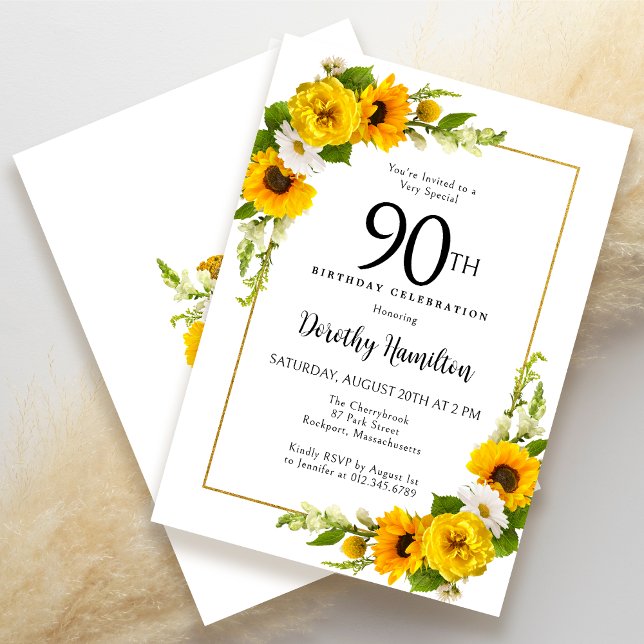 Yellow Sunflower White Daisy Floral 90th Birthday Invitation (Elegant yellow floral design!)