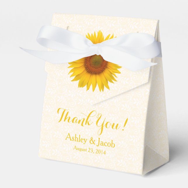 Yellow Sunflower White Lace Wedding Thank You Favour Box (Front Side)