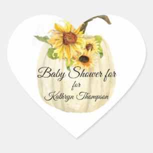 Yellow Sunflower White Pumpkin Fall Baby Shower Heart Sticker