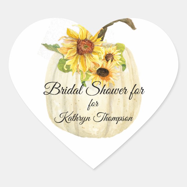 Yellow Sunflower White Pumpkin Fall Bridal Shower Heart Sticker (Front)