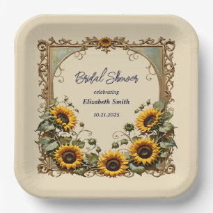 Yellow sunflower with art frame bridal shower paper plate
