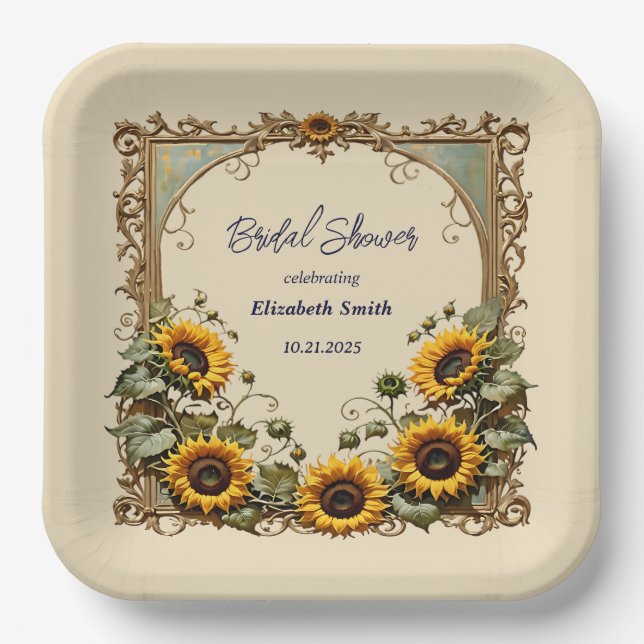 Yellow sunflower with art frame bridal shower paper plate (Front)