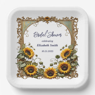Yellow sunflower with art frame bridal shower paper plate