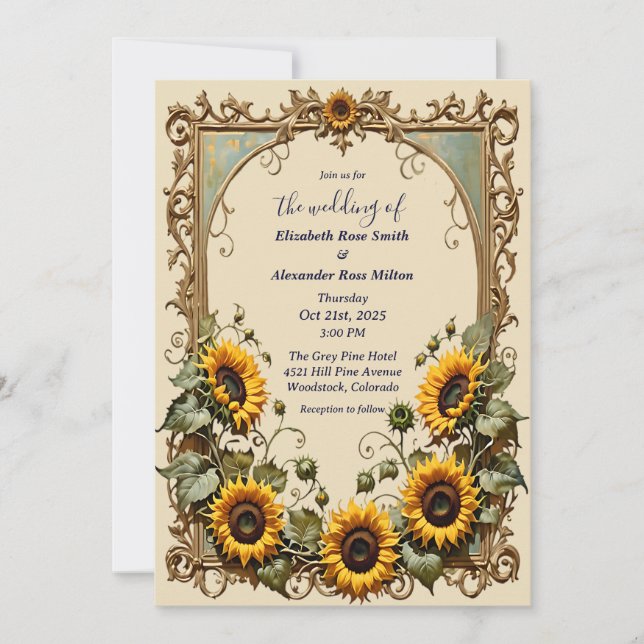 Yellow sunflower with art frame wedding  invitation (Front)