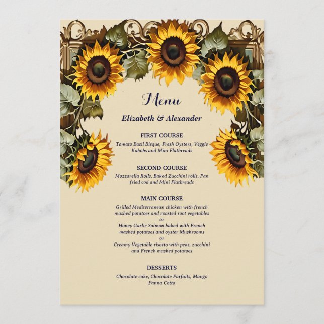 Yellow sunflower with art frame wedding menu (Front)