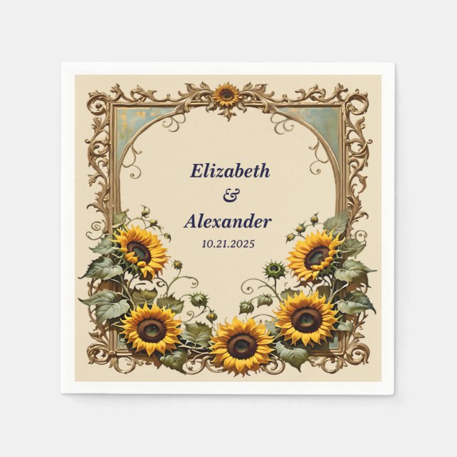Yellow sunflower with art frame wedding  napkin (Front)