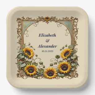 Yellow sunflower with art frame wedding  paper plate