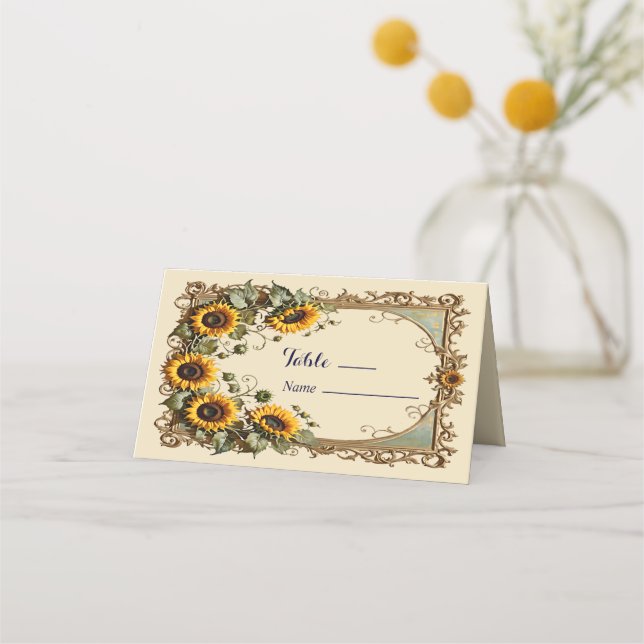 Yellow sunflower with art frame wedding place card (Front)