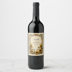 Yellow sunflower with art frame wedding  wine label