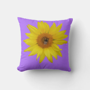 Yellow Sunflower with Bee on Purple Background Cushion
