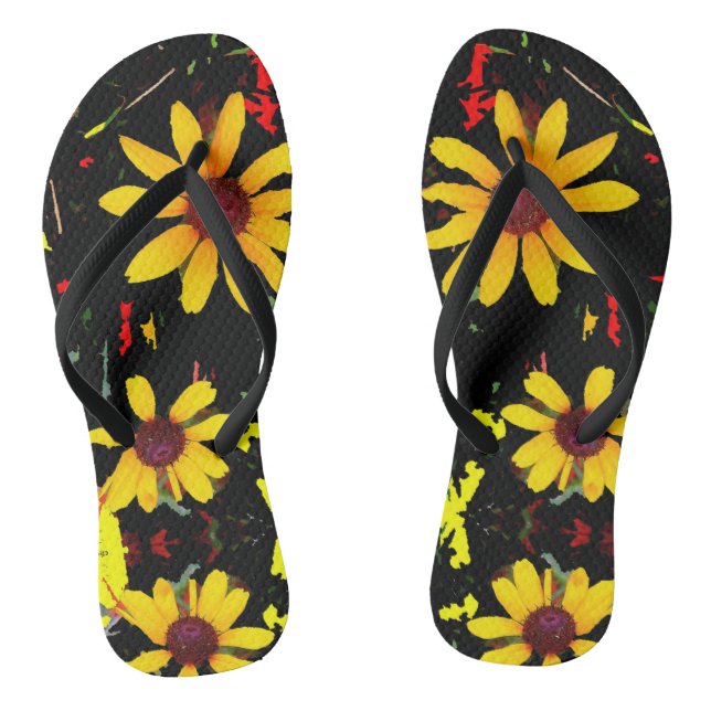 Yellow Sunflower with Confetti - Black Flip Flop (Footbed)