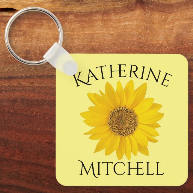 Yellow Sunflower with Custom Name Key Ring (Front)
