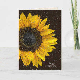 yellow sunflower with raindrops for Name Day Card