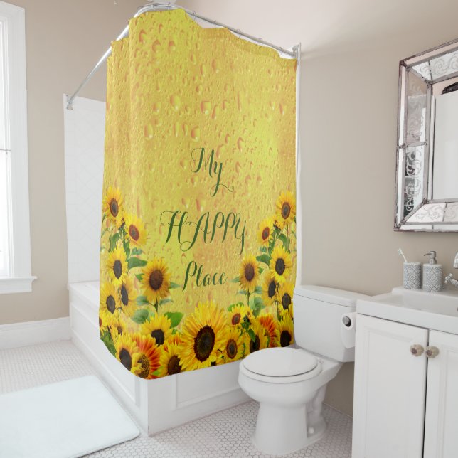 Yellow Sunflower with Water Drops My Happy Place  Shower Curtain (In Situ)