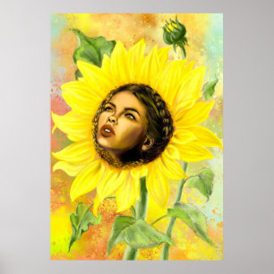Yellow Sunflower Woman Poster