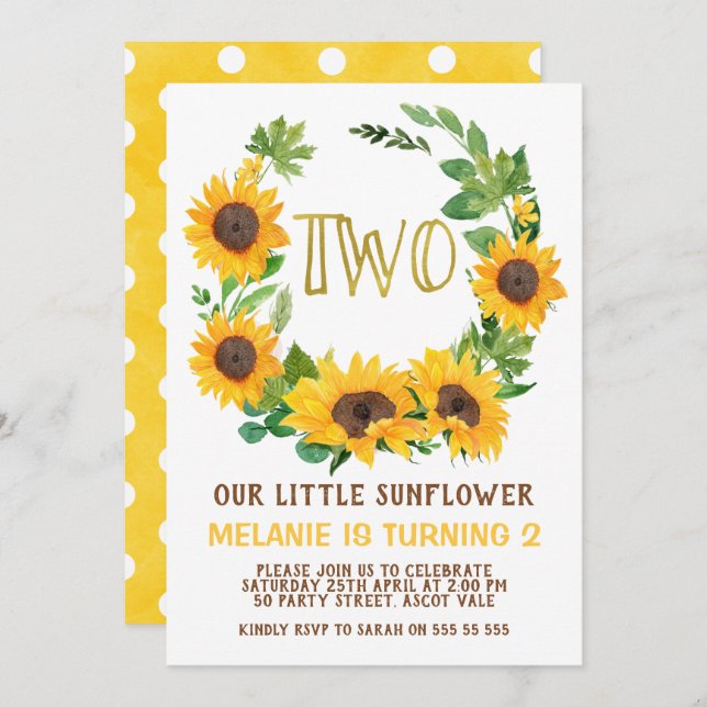 Yellow Sunflower Wreath 2nd Birthday Invitation (Front/Back)