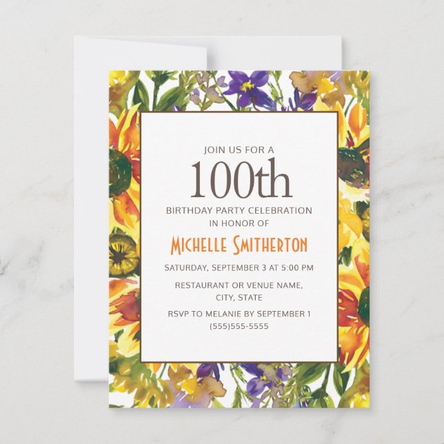 Yellow Sunflowers 100th Birthday Party Invitation (Front)