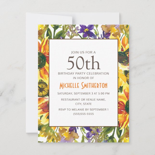 Yellow Sunflowers 50th Birthday Party Invitation (Front)