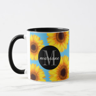 Yellow Sunflowers Add Your Name and Initial Blue Mug