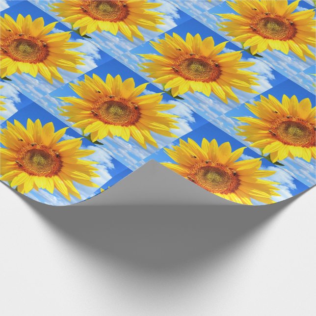 Yellow Sunflowers and Bees Wrapping Paper Blue Sky (Corner)