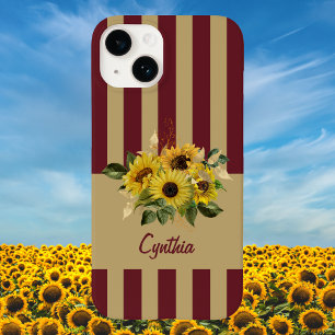 Yellow Sunflowers and Burgundy and Gold Striped Case-Mate iPhone 14 Case