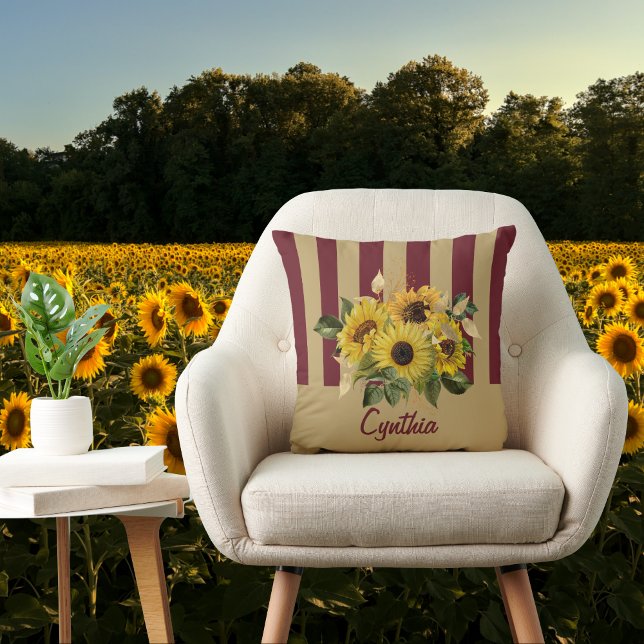 Yellow Sunflowers and Burgundy and Gold Striped Cushion (Creator Uploaded)