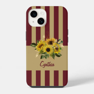 Yellow Sunflowers and Burgundy and Gold Striped iPhone 14 Case