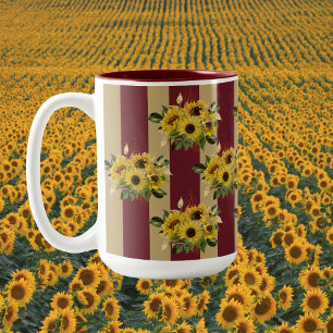Yellow Sunflowers and Burgundy and Gold Stripes Two-Tone Coffee Mug