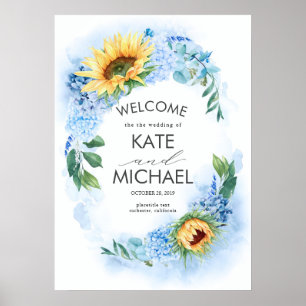 Yellow Sunflowers and Dusty Blue Hydrangea Wedding Poster
