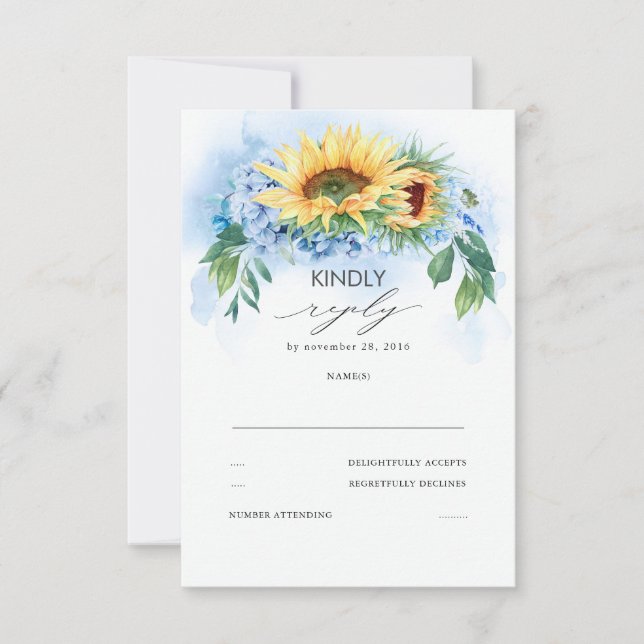Yellow Sunflowers and Dusty Blue Hydrangea Wedding RSVP Card (Front)