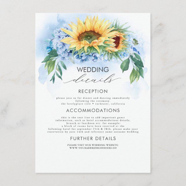 Yellow Sunflowers and Dusty Blue Wedding Details Enclosure Card (Front)