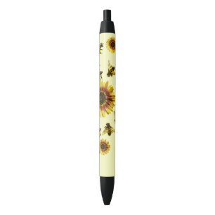 Yellow Sunflowers and Honey Bees Summer Pattern Black Ink Pen