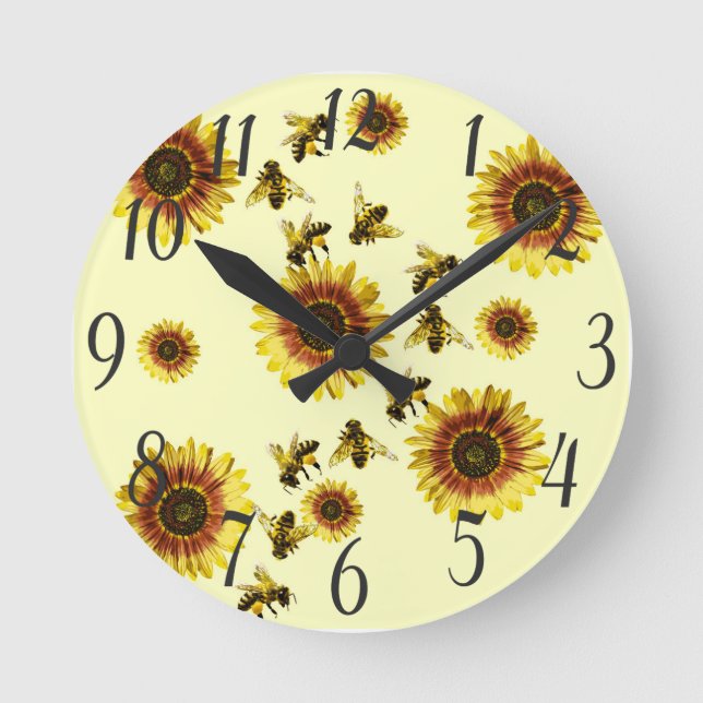 Yellow Sunflowers and Honey Bees Summer Pattern Round Clock (Front)