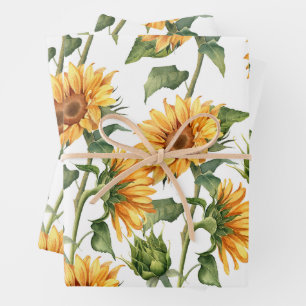 Yellow Sunflowers and Leaves Watercolor Garden Wrapping Paper Sheet