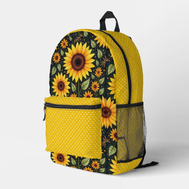 Yellow Sunflowers and Polka Dots Printed Backpack (Back Corner Right)