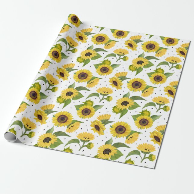 Yellow Sunflowers and Sunflower Seeds Wrapping Paper (Unrolled)