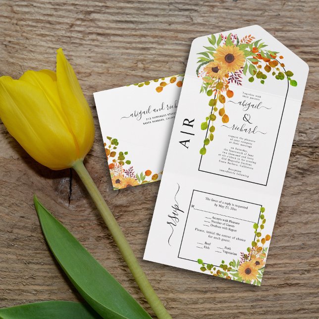 Yellow sunflowers, arch and initials fall wedding all in one invitation (Creator Uploaded)