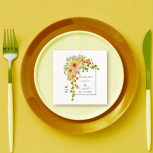 Yellow sunflowers, arch and initials fall wedding  napkin